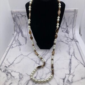 Long Tiger’s Eye & Faux Pearl Necklace Gold Tone Bead Accents
